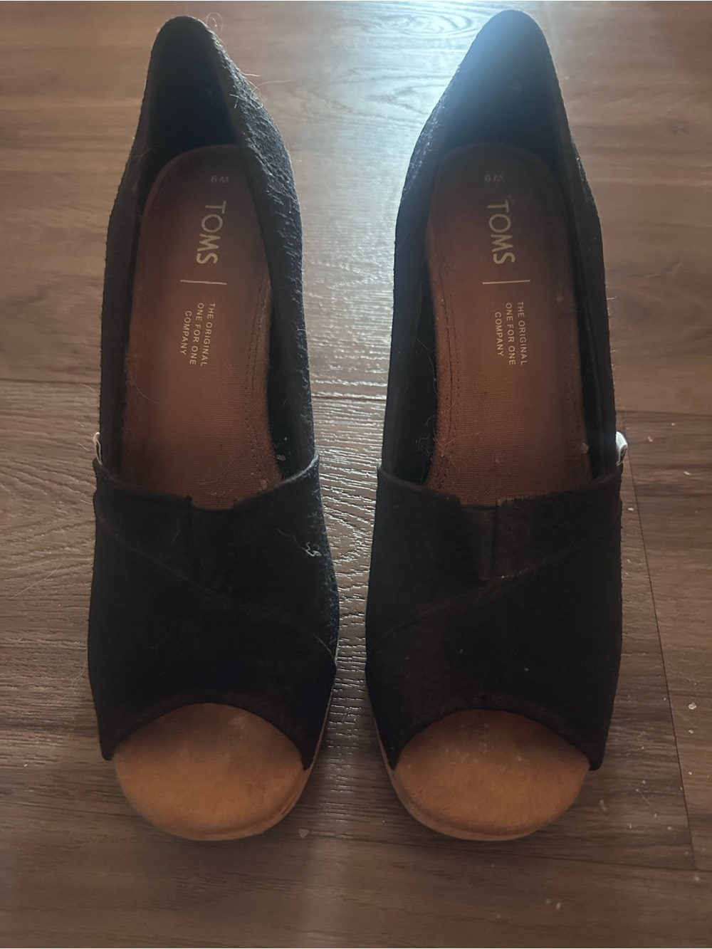 TOMS Black Fabric Open-Toe Wedge Pumps